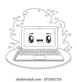 funny laptop computer on red background, black and white, kawaii character. Vector illustration