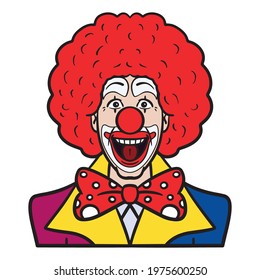 funny laughing clown with red hair and big bow. avatar, vector.