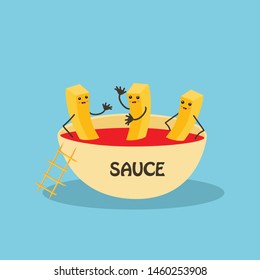 Funny laughing French fries character with eyes, legs, and a wide smile. French fries character with ketchup isolated on blue. Vector illustration