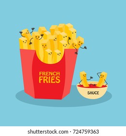 Funny laughing French fries character with eyes, legs, and a wide smile. French fries character with ketchup isolated on blue background.