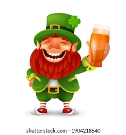 Funny laughing Leprechaun wearing cylinder with a shamrock flower and holding light beer glass. Vector mascot character illustration to Saint Patrick's Day celebrating isolated on a white background