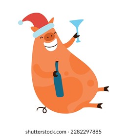 Funny laughing piggy with santa claus hat drinking champagne at new year party cartoon vector illustration