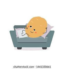 Funny lazy cartoon couch potato laying on small sofa. Vector flat illustration isolated on white background 