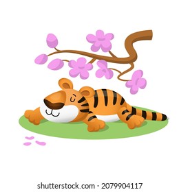 Funny lazy cartoon tiger lies on sakura branch. Vector illustration isolated on white background