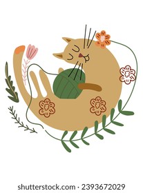 Funny lazy cat playing with threads, flat flowers and leaves around. Four-legged domestic animals. Ideal for posters, greeting cards and various creative projects. Vector