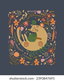 Funny lazy cat playing with threads, flat flowers and leaves around. Four-legged domestic animals. Ideal for posters, greeting cards and various creative projects. Vector