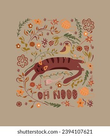 Funny lazy cat sleeping, flat flowers and leaves around. Four-legged domestic animals. Ideal for posters, greeting cards and various creative projects. Vector