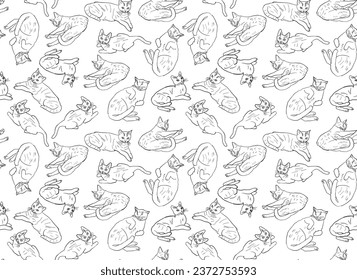 Funny lazy cats in black and white vector seamless pattern