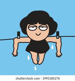 Funny Lazy Girl is Hanging On Clothesline To Dry Against Blue Sky Concept Card Character illustration