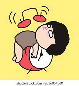 Funny Lazy Girl Lying On An Alarm Clock Concept Card Character illustration