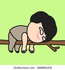 Funny Lazy Girl Resting And Hanging From A Tree, In Sloth Pose. Character illustration Card Concept