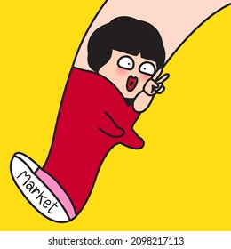 Funny Lazy Girl With Victory Hand Sign is Riding Someone's Leg To The Market Concept Card Character illustration