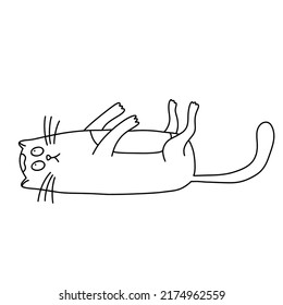 Funny lazy lying upside down cat  in doodle style.  Hand drawn vector illustration. Isolated black outline. 