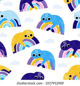Funny lazy sloth and rainbow seamless pattern. Kids print. Vector hand drawn illustration.
