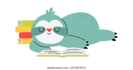 Funny lazy sloth read book flat icon. Vector illustration