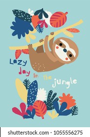 Funny lazy sloth vector illustration