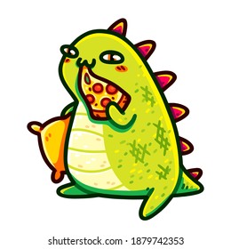 Curioso T-rex perezoso con una almohada naranja comiendo pizza con aspecto de petulante. Kawaii lindo dinosaurio verde, estilo de arte chibi. Diseño para pegatinas, camisetas, afiches, tarjetas de felicitación. Aislado sobre fondo blanco.