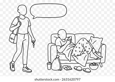   Funny Lazy vs Active Lifestyle Comic  Minimalist Line Art Characters with Speech Bubble