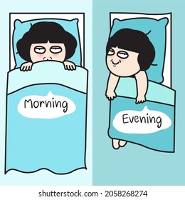 Funny Lazy Woman is Relaxing and Sleeping In Bed From Morning Until Late Evening Concept Card Character illustration