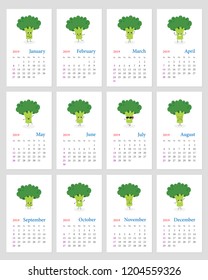 Funny leafy calendar 2019 year with happy cartoon broccoli. Week starts on Sunday