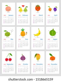 Funny leafy calendar 2020 with happy cartoon fruit characters. Week starts on Sunday. Vector illustration