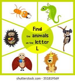 Funny learning maze game, find all 3 cute wild animals with the letter L, desert lizard, the lion of the Savannah and the insect ladybug. Educational page for children. Vector illustration