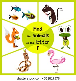 Funny learning maze game, find all 3 cute wild animals with the letter f, pink flamingos, marsh frog and forest Fox . Educational page for children. Vector illustration