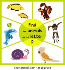 Funny learning maze game, find all 3 cute animals with the letter D, a Dolphin, a dog and a donkey. Educational page for children. Vector illustration