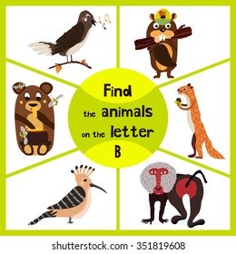 Funny learning maze game, find all of cute wild animals 3 the p-word, monkey, baboon, bear and beaver. Educational page for children. Vector illustration