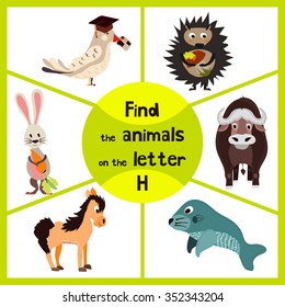 Funny learning maze game, find all of cute wild animals 3 the letter H, forest hedgehog and the hare, a horse farm home. Educational page for children. Vector