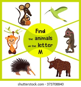 Funny learning maze game, find all 3 cute wild animals with the letter M, field mouse, macaque monkey tropical and insect-eating mole. Educational page for children. Vector illustration