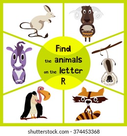 Funny learning maze game, find all 3 cute wild animals with the letter P, forest raccoon, Rhino from Savannah and domestic sheep. Educational page for children. Vector illustration