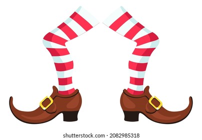 Funny legs in red striped stockings and brown shoes with golden buckles in cartoon style