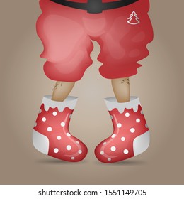 Funny legs of Santa Claus frozen in felt boots or socks. New Year Christmas. Volumetric, red. Use for web site, social networks, textiles, packaging, postcard. Vector illustration.