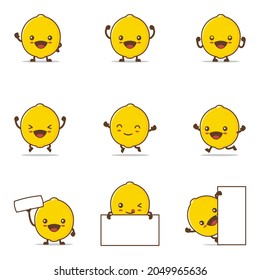 funny lemon cartoon. fruit vector illustration, with happy facial expressions and different poses, isolated on a white background