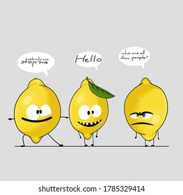 Funny lemon character design with bubble speech. Fruits with different emotions combined into one comic story. 