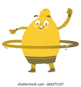 Funny lemon character doing sport exercises with hula hoop, comic, cartoon vector illustration isolated on white background. Funny lemon hero, character twirling hula hoop around waist, doing sport