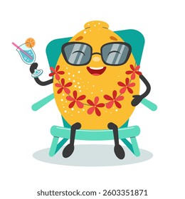 Funny lemon character on vacation. Relaxing in a chair with a drink. Summer cartoon illustration. Y2k sticker. Vector illustration