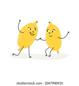 Funny Lemon couple dances and do the pas. Cute fruit characters set. Vector cartoon illustration on isolated background.