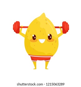 Funny Lemon Exercising With Barbell, Sportive Fruit Cartoon Character Doing Fitness Exercise Vector Illustration On A White Background