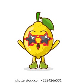 Funny personaje de fruta de limón en gafas con forma de estrella divirtiéndose en la fiesta, ilustración vectorial de dibujos animados aislados en fondo blanco. Caricatura de fruta de limón, mascota de fiesta