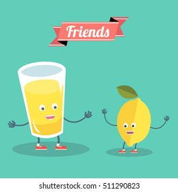 Funny lemon with glass of lemonade friends forever. Vector illustration.
