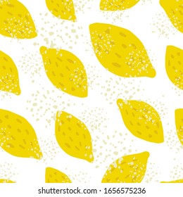 Funny lemon seamless pattern on white background. Hand drawn citrus fruits. Design for fabric, textile print, wrapping paper, kitchen textiles. Modern design. Vector illustration