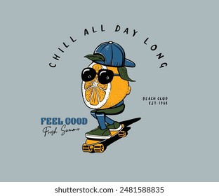 Arte vectorial cómico divertido de patinaje sobre limón, limón en gorra y gafas de sol, Ilustración vectorial de playa de verano de humor para camiseta, pegatina, póster, impresión gráfica