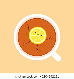 Funny lemon in Tea cup. Illustrator of lemon tea. Lemon character design.