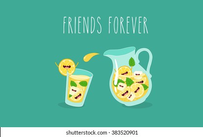 Funny lemonade, lime, mint, ice in a jug. Vector illustration. Use for card, poster, banner, web design and print on t-shirt. Easy to edit. Vector illustration.