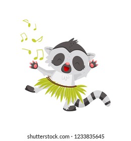 Funny lemur dancing in green hula skirt. Joyful humanized animal with long black-and-white tail. Flat vector design