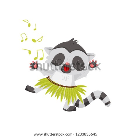 Funny lemur dancing in green hula skirt. Joyful humanized animal with long black-and-white tail. Flat vector design