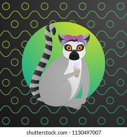 Funny lemur sit with ice crean on colorful bacground. Cute icon. Vector illustration