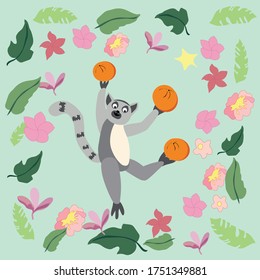 Funny lemur with tropical fruit in the background. Performed in a vector. Flat illustration will be useful for decorating different objects.